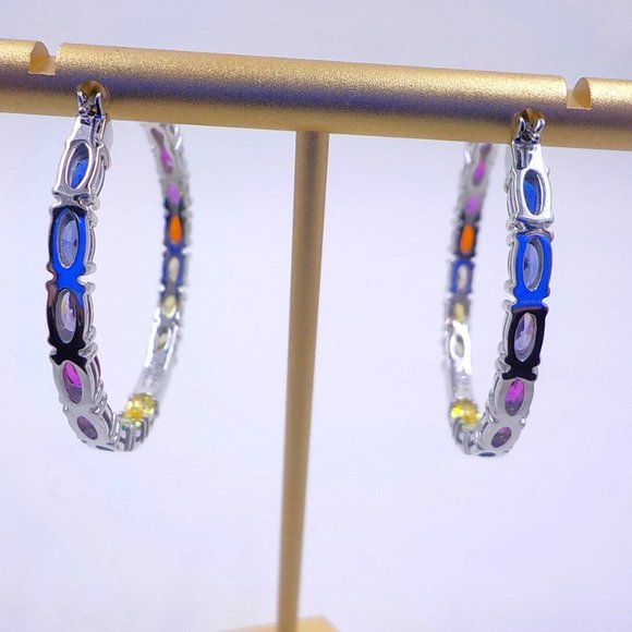 Created Gemstones Rainbow Channel Set Sterling Silver 1.5" Hoops Earrings - Picture 3 of 5